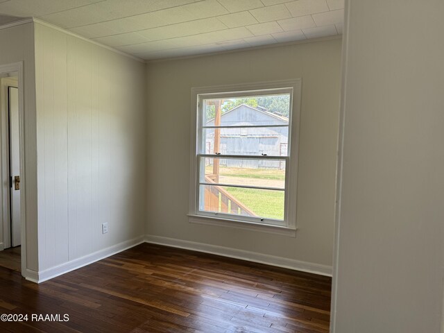 unfurnished room featuring dark wood-type flooring and crown molding