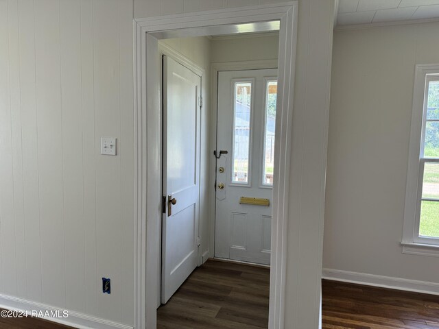 entryway featuring ornamental molding and dark hardwood / wood-style floors