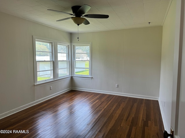 spare room with ceiling fan, dark wood-type flooring, and plenty of natural light