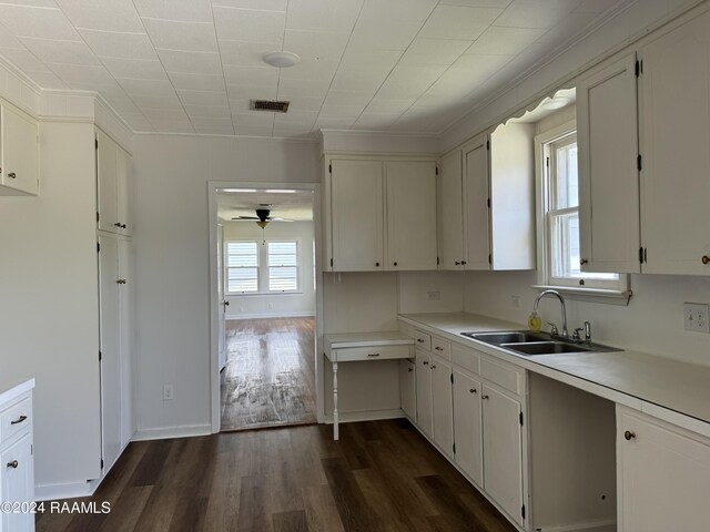 kitchen with sink, white cabinets, dark wood-type flooring, and ceiling fan