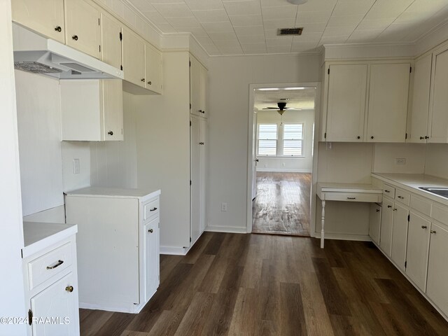 kitchen featuring ceiling fan and dark hardwood / wood-style flooring