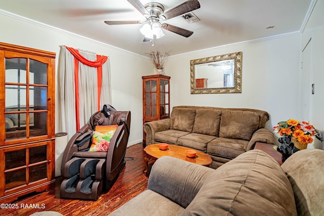 living room with ceiling fan, ornamental molding, and dark hardwood / wood-style floors