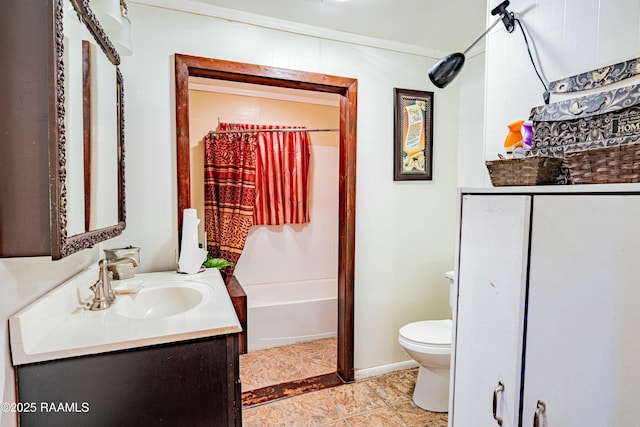 full bathroom featuring tile walls, vanity, tile patterned flooring, toilet, and shower / tub combo with curtain