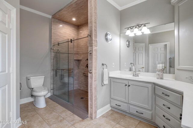 bathroom featuring a shower with door, toilet, tile patterned floors, and vanity