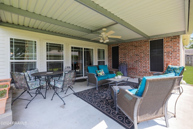 view of patio featuring ceiling fan and an outdoor hangout area