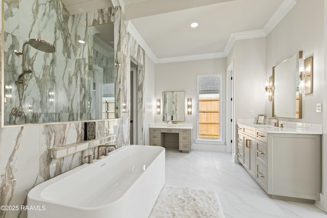 bathroom featuring vanity, crown molding, and independent shower and bath