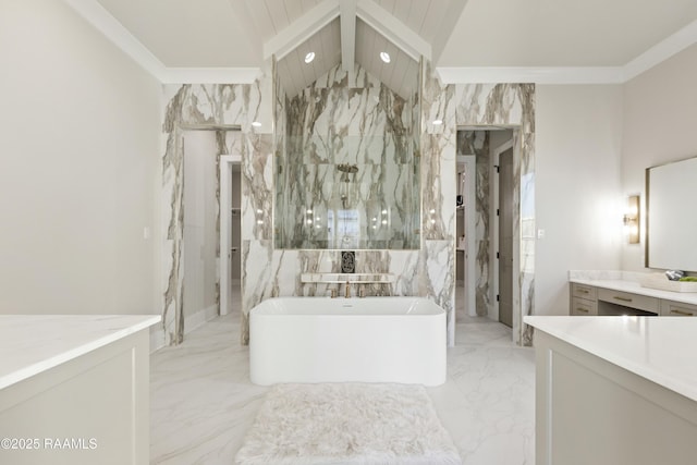 bathroom with ornamental molding, vanity, vaulted ceiling, and a bath