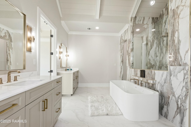 bathroom featuring vanity, beamed ceiling, crown molding, and a bath