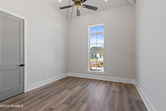 unfurnished room featuring lofted ceiling, ceiling fan, and wood-type flooring