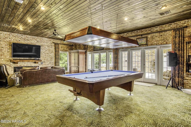 415 Fort Hamilton Dr, Opelousas, LA 70570 - recreation room featuring a fireplace, brick wall, ceiling fan, carpet, and pool table
