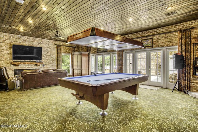 415 Fort Hamilton Dr, Opelousas, LA 70570 - recreation room featuring a fireplace, brick wall, ceiling fan, carpet, and pool table