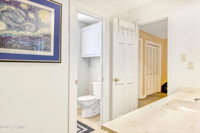 bathroom with hardwood / wood-style flooring, vanity, and toilet