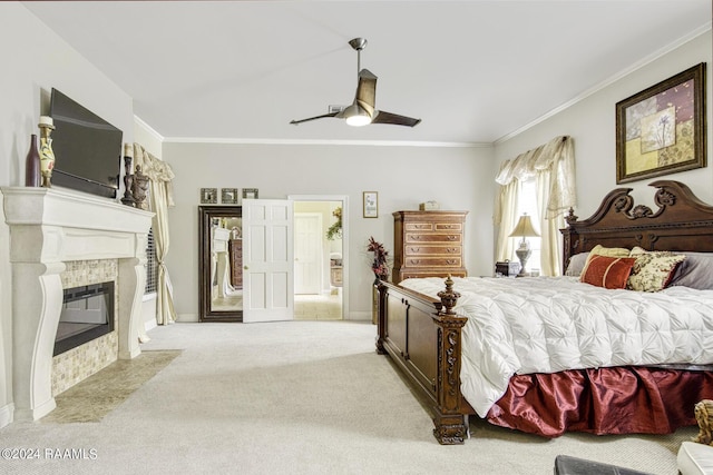 415 Fort Hamilton Dr, Opelousas, LA 70570 - bedroom featuring carpet flooring, a fireplace with flush hearth, ceiling fan, crown molding, and baseboards