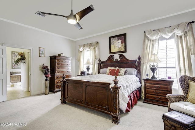 415 Fort Hamilton Dr, Opelousas, LA 70570 - bedroom with light colored carpet, ornamental molding, ceiling fan, ensuite bathroom, and baseboards