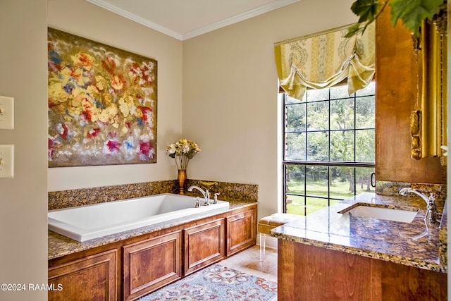 bathroom with sink, a bathtub, and crown molding