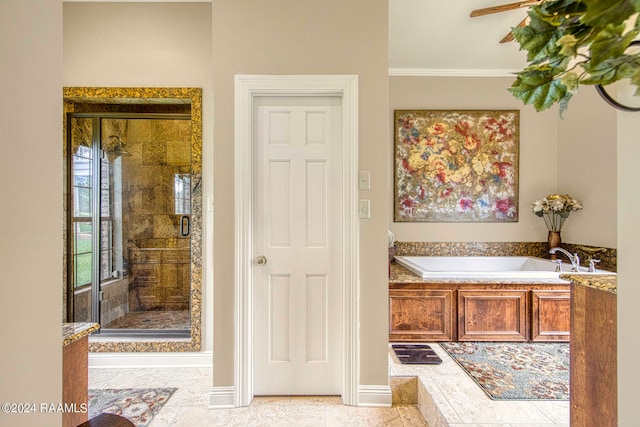 bathroom featuring tile patterned floors, shower with separate bathtub, and ornamental molding