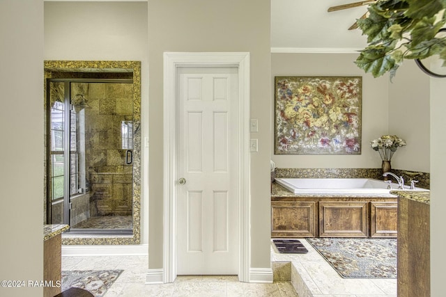 415 Fort Hamilton Dr, Opelousas, LA 70570 - bathroom featuring ornamental molding, a stall shower, a bath, and baseboards