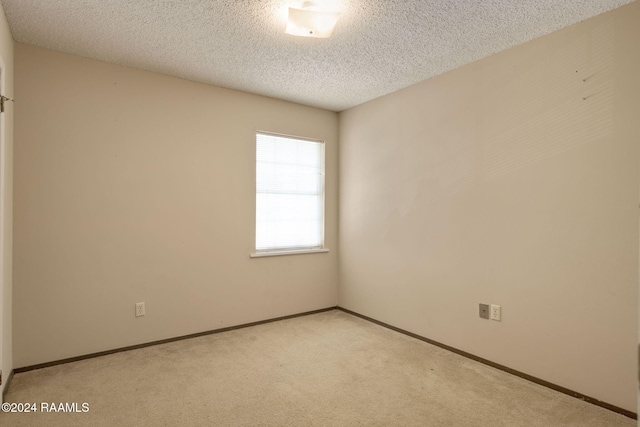 spare room featuring a textured ceiling and light colored carpet