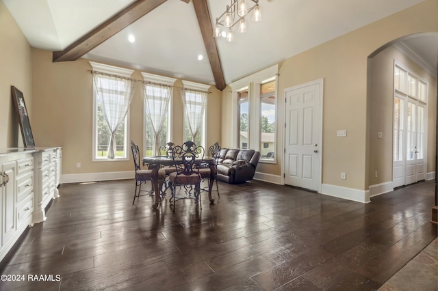 dining space featuring dark wood-style flooring, lofted ceiling with beams, and baseboards