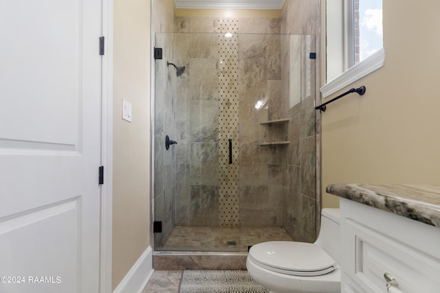 full bathroom with crown molding, a shower stall, and toilet