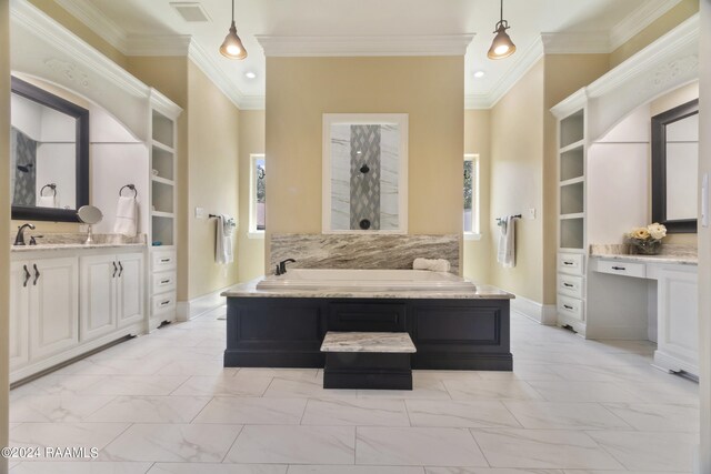 bathroom featuring vanity, tile patterned floors, and built in shelves