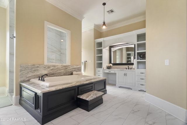 bathroom with built in shelves, tile patterned flooring, vanity, ornamental molding, and plus walk in shower