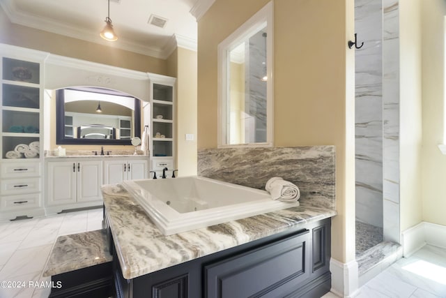 bathroom featuring separate shower and tub, crown molding, tile patterned flooring, and vanity