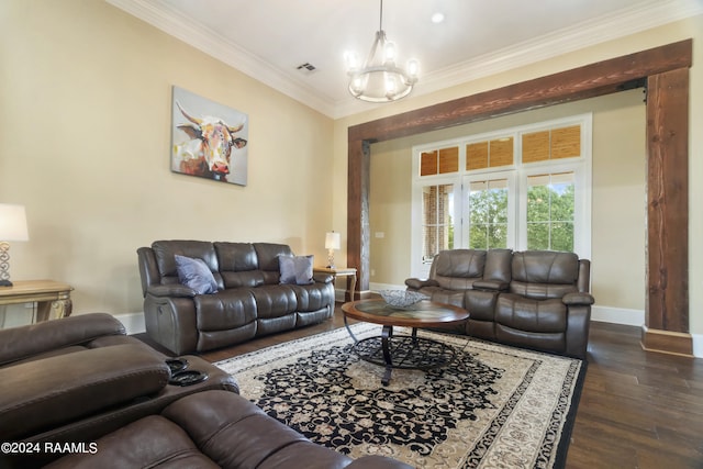 living area with a chandelier, visible vents, baseboards, dark wood-style floors, and crown molding