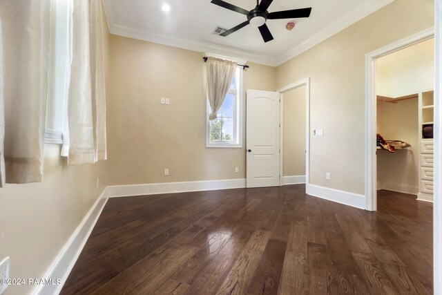 unfurnished bedroom with a walk in closet, dark wood-type flooring, ornamental molding, and ceiling fan