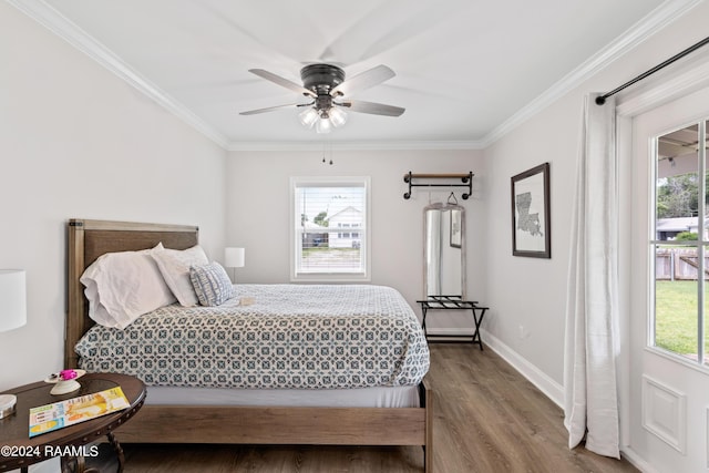 bedroom with ornamental molding, multiple windows, and wood finished floors