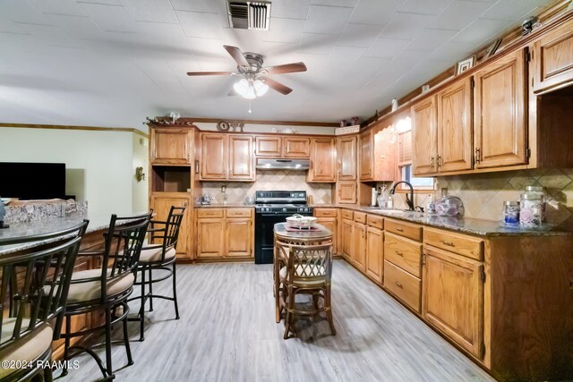 935 Pearl St, Rayne, LA 70578 - kitchen featuring visible vents, light wood-style flooring, a sink, black stove, and under cabinet range hood