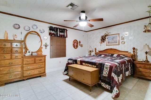 935 Pearl St, Rayne, LA 70578 - bedroom with wallpapered walls, baseboards, visible vents, a ceiling fan, and ornamental molding