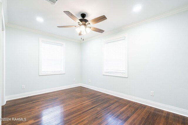 unfurnished room featuring ornamental molding, dark hardwood / wood-style floors, and ceiling fan