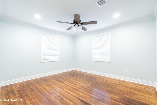 unfurnished room featuring ornamental molding, hardwood / wood-style flooring, and ceiling fan