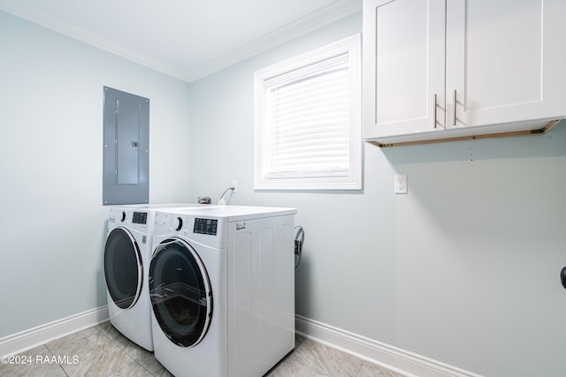 washroom with crown molding, cabinets, electric panel, and separate washer and dryer