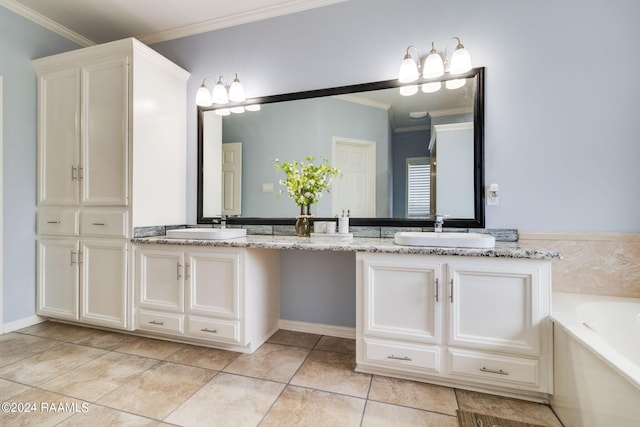 bathroom featuring dual vanity, crown molding, a tub to relax in, and tile patterned floors