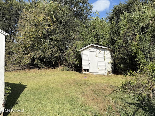 view of yard featuring a storage shed