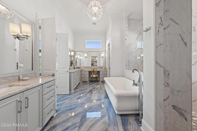 bathroom featuring ornamental molding, vanity, plus walk in shower, and a notable chandelier