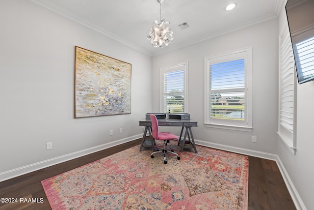 home office featuring crown molding, a healthy amount of sunlight, a chandelier, and dark wood-type flooring