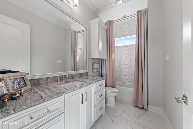 full bathroom featuring toilet, shower / tub combo, crown molding, and vanity