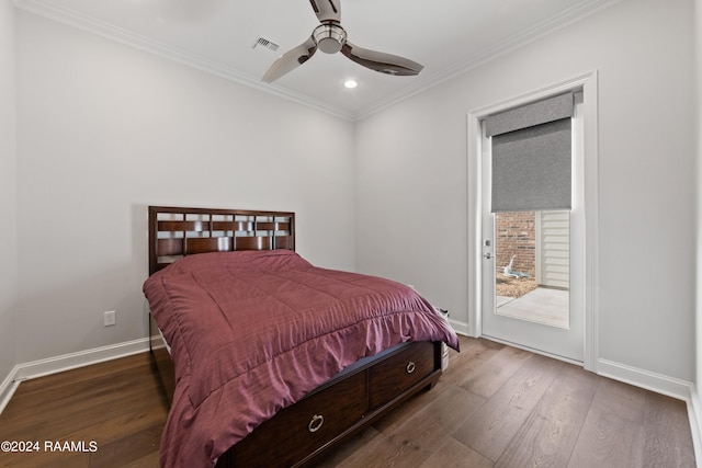 bedroom featuring crown molding, ceiling fan, and hardwood / wood-style flooring