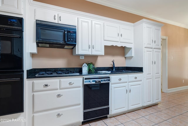 kitchen with black appliances, light tile patterned flooring, crown molding, and white cabinets