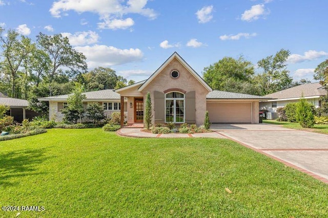 ranch-style house featuring a front yard and a garage