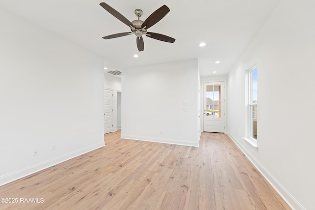 interior space with light wood-style floors, ceiling fan, visible vents, recessed lighting, and baseboards