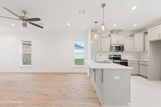 kitchen with a peninsula, visible vents, appliances with stainless steel finishes, a sink, and backsplash