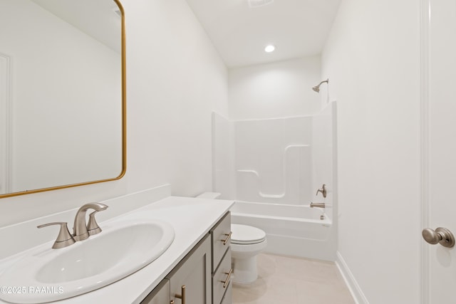 full bathroom featuring toilet, recessed lighting, vanity, tile patterned floors, and bathing tub / shower combination