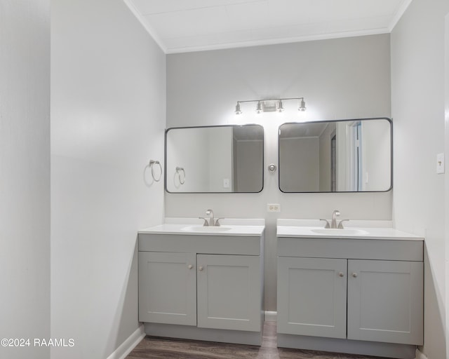 bathroom with wood finished floors, ornamental molding, two vanities, and a sink