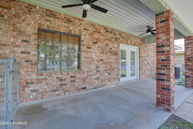 view of patio / terrace featuring a ceiling fan and french doors