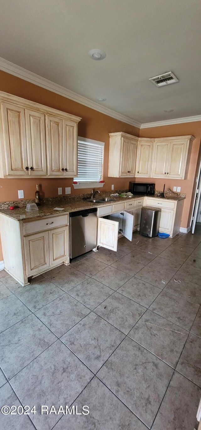 kitchen featuring crown molding, stainless steel dishwasher, light tile patterned flooring, and sink