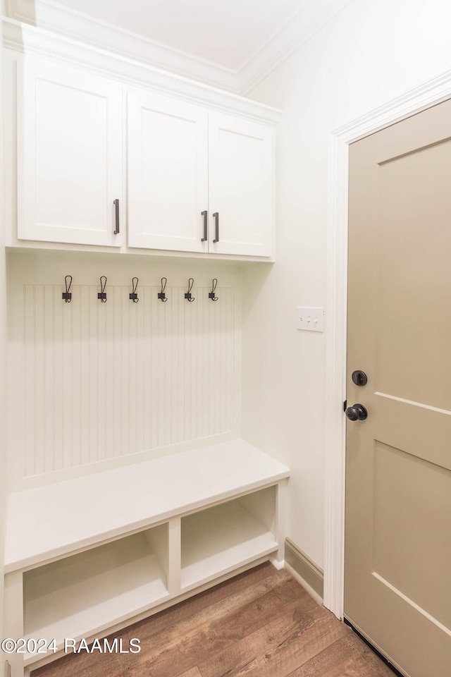 mudroom featuring crown molding and wood-type flooring